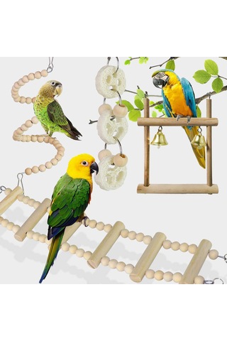 Yifomall 8 Parçalı Kuş Oyuncak Seti - Ahşap Tırmanma Merdiveni, Çiğneme Oyuncakları Ve Salıncak