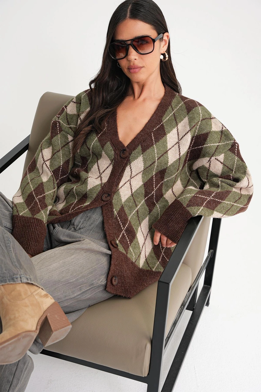 6937 Kadın Baklava Desenli Oversize Triko Hırka Haki Haki