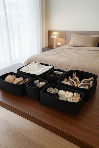 Keçe Çekmece Ve Dolap Düzenleyici Organizer Seti 6 Parça Siyah, Çok Amaçlı Düzenleyici Kutular Siyah