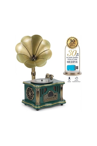 Midex Gr-26grn Fm Radyolu Nostaljik Gramofon Görünümlü Müzik Kutusu Bluetooth Hoparlör