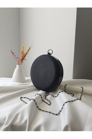 Vivazzaluxe Modern Yuvarlak Model Simli Düğün Nişan Gelin Kadın Abiye Clutch Çanta Siyah