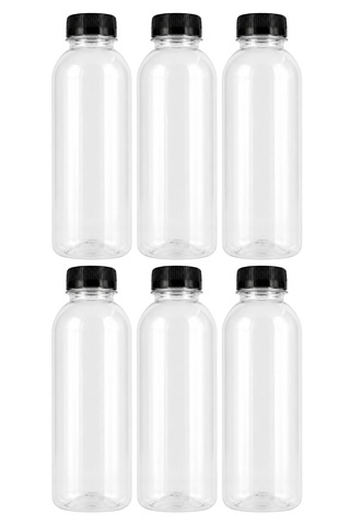 6 Adet Yuvarlak Plastik Şişe 500ml Siyah Kapaklı Şeffaf