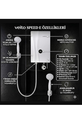 Veito Speed E 3kademeli Dijital Ekranlı Ani Su Isıtıcısı Şofben - A+ Enerji Tasarruflu, Kesintisiz Sıcak Su Konforlu Elektirikli Şofben Montaj Dahil Değildir.