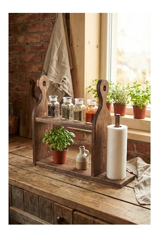 Bel&co Home Masif Ahşap Mutfak Rafı Havluluklu Baharatlık 47 Cm Ceviz