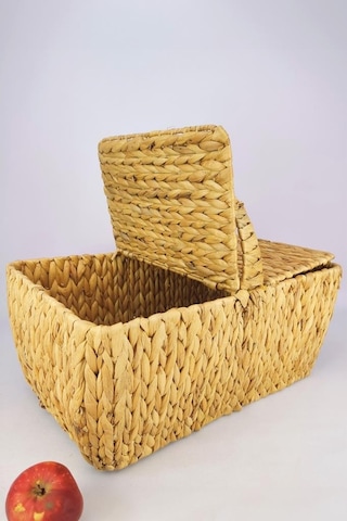 Digithome Hasır Bambu Kapaklı Piknik Sepeti Dikdörtgen Piknik Çantası Kahverengi - Cl-5004