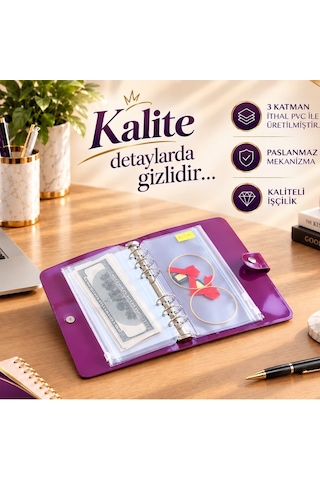 Birikim Ajandası - Birikim Cüzdanı Bütçe Planlayıcı Ajanda Şeffaf Mor Mekanizmalı 5 Adet Fermuarlı Dosya Birikim Kartı Hediyeli Şeffaf - Mor