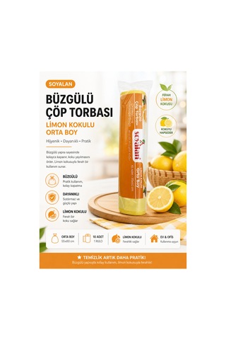 Büzgülü Çöp Poşeti Limon Kokulu 55x60 Cm Orta Boy 4 Rulo Dayanıklı Sızdırmaz Kalın Çöp Torbası