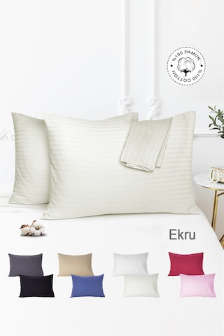 Çizgili Saten 2'li Yastık Kılıfı Ekru