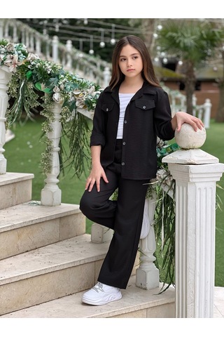 Modavals Kol Katlamalı Keten Gömlek Cepli Keten Alt & Suprem Askılı Badi 3lü Kız Çocuk Takım Siyah