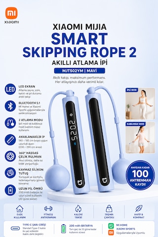 Mijia Smart Skipping Rope 2 Akıllı Atlama İpi Led Ekran Bluetooth 5.1 Ayarlanabilir 3 Metre Gerçek Zamanlı Antrenman Rehberi, Veri Kaydı Ve Analizi