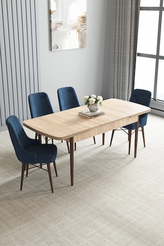 Zümra Serisi, Meşe Desen 80x132 Açılabilir Mdf Mutfak Masası Takımı 4 Adet Sandalye Lacivert