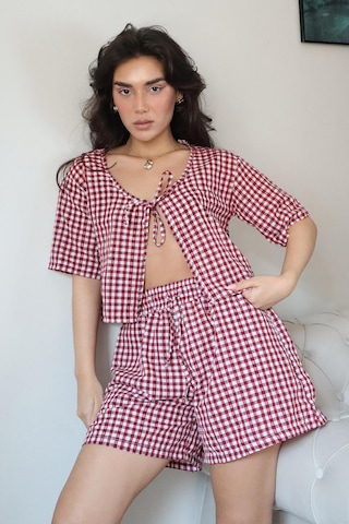 Madmext Bordo Pötikareli Şort Bluz Takım Mg2373
