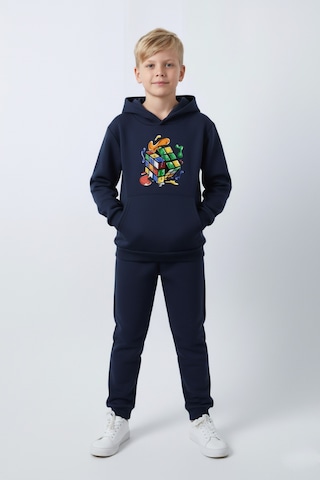 Fyk Kids 3 İplik Şardonlu Kışlık Rubik Küp Baskılı Kanguru Cepli Kapüşonlu Erkek Çocuk Eşofman Takımı Lacivert