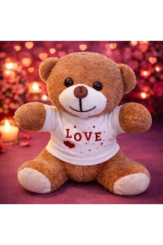Özel Üretim Sevgililer Günü Hediyesi Yumuşak 25 Cm Love Baskılı Tişörtlü Kahverengi Peluş Ayıcık