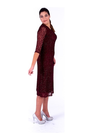 Nidya Moda Büyük Beden Kadın Bordo Dantel Abiye Elbise-4036Yb Bordo