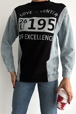 Femelle Kadın Baskılı Kolu Kot Içi Şardonlu Pamuk Sweatshirt siyah