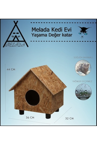 Melada Kedi Evi Dış Ortam Uygun Ahşap Kedi Evi Osb 44x36x32 Cm