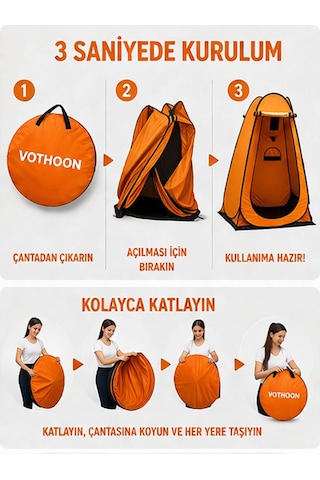 Otomatik Kabin Giyinme Çadırı 120x120x190 Cm Üst Havalandırma Yan Pencereli Duş & Wc Çadırı Turuncu