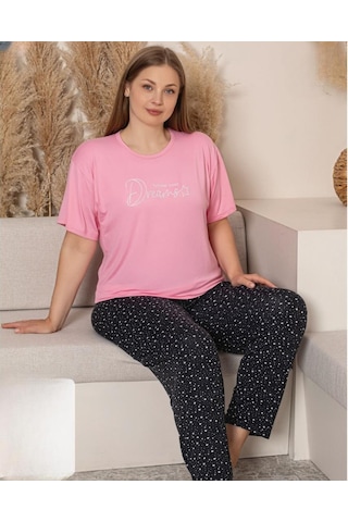 Charme Kadın Büyük Beden Bisiklet Yaka Milan Likralı Kısa Kol Pijama Takımı K601/247 - 1 Adet Pembe