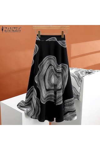 Zanzea Kadın Rahat Elastik Bel Yaz Baskılı Uzun Etekler Haki