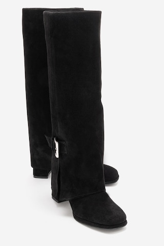 Luvishoes Lojo Siyah Süet Hakiki Deri Tokalı Kadın Kalın Topuklu Çizme Siyah Süet