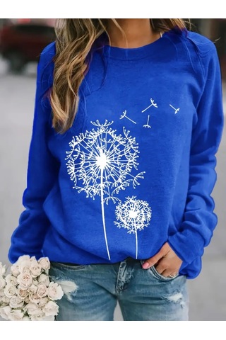 Kadın Uzun Kollu Bisiklet Yaka Çiçek Desenli Viskon Bluz Mavi