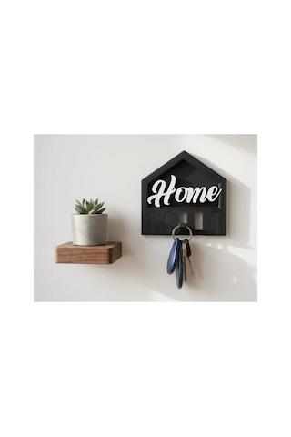 Dekoratif Home Yazılı Ev Tasarımlı Duvara Monte Anahtarlık Siyah Duvar Askısı 110x110x8 Mm Siyah
