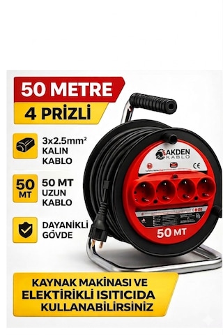 Kablo 50 Metre 3x2,5mm Makaralı Uzatma Kablosu Tam Kesit Kaynak Makinası Kullanıma Uygundur 50 M