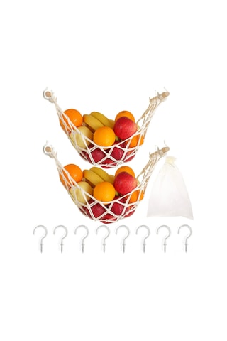 Mufunye Kumaş Ve Ahşap Mutfak Meyve Sepeti - 2 Adet 60 Cm Noktasız Kurulum - Havalandırıcı, Yer Tasarruflu Sebze Askısı Bej