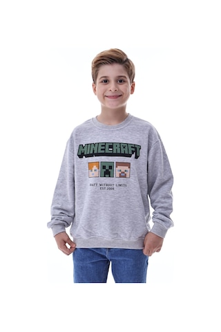 Minecraft Baskılı Erkek Çocuk Sweatshirt Gri Gamer Oyun Temalı Gri