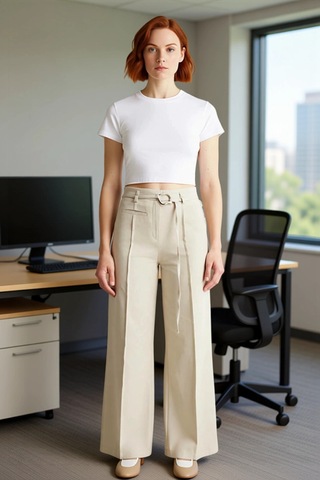 Ersefa Kadın Yüksek Bel Wide Leg Gabardin Pantolon Fonksiyonel Dayanıklı Ekru