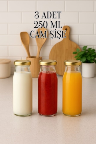 3 Adet 250 Ml Beslenme Şeffaf Meyve Suyu, Meşrubat, Limonata Şişesi Metal Kapaklı 250 Cc Şişe Gold