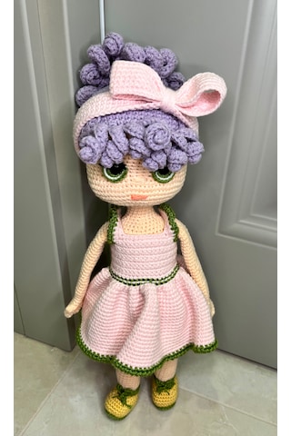 El Yapımı Amigurimi Bukle Lila Saçlı Kız Bebek&hediyelik Oyuncak 38 Cm