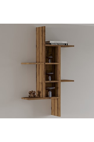 Madagaskar Duvar Rafı Asimetrik Tasarım, Duvara Monte Dekoratif Kitaplık Antik Ceviz