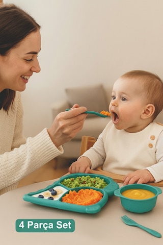 Dino Mama Seti - Tabak Çerezlik Ve Çatal Kaşık - Bebek Yemek Kabı - Dinozor Çocuk Tabak Seti Mavi