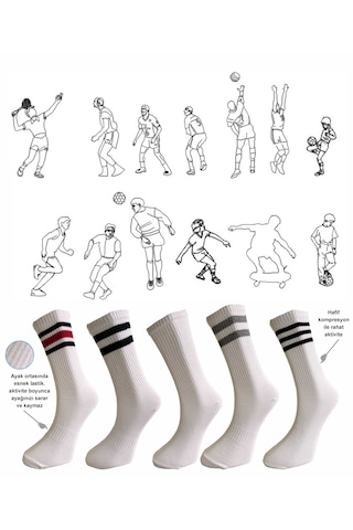 Silk Step 5'li Paket Erkek Spor Çorabı Beyaz Zemin Üzerine, 5 Farklı Çember Detaylı Beyaz