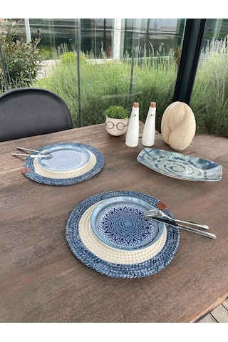 2 Kişilik Yuvarlak Amerikan Servis Leke Tutmaz - Supla Mavi/beyaz 33x33 Cm Beyaz/mavi