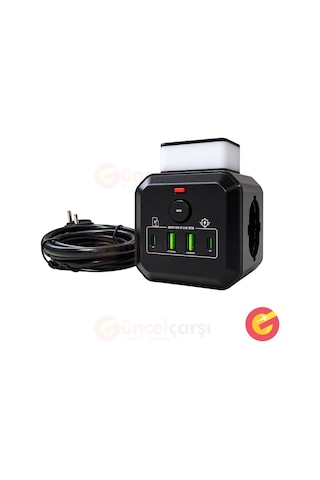 Güncelçarşı 3'lü Akım Korumalı Küp Priz 2 Metre Kablolu 2200w 1050j 2 Usb 2 Type-c Girişli Gece Lambalı Açma Kapama Düğmeli Çoklu Priz 0 - 2 M