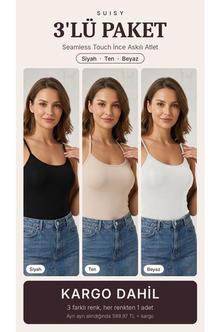 Suısy Seamless Touch İnce Askılı Atlet 3'lü Paket Siyah - Ten - Beyaz Çok Renkli