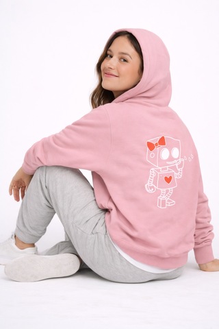 Nevermınd Robot Baskılı Sevgili Kombini Oversize Hoodie Seti Kadın Erkek Unisex Pembe Pembe