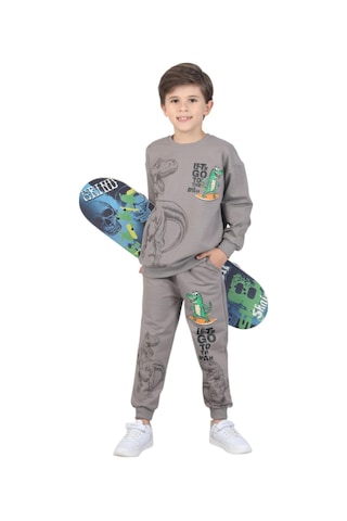 Erdem Kıds Erkek Çocuk Dinozor Baskılı Pijama Takımı İki İplik Eşofman Takımı Okul İkili Takım Taş Taş
