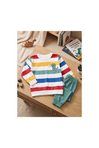 Deniva Kids Erkek Bebek Yeşil Çizgili Dinozor Nakışlı %100 Pamuk Sweatshirt Eşofman Alt Üst Takım
