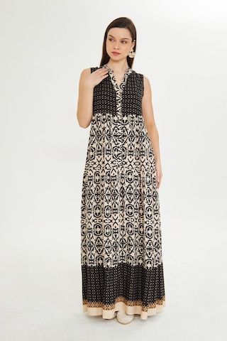 Etnik Desen Bohem Tam Boy Kolsuz Elbise Bej Acı Kahverengi