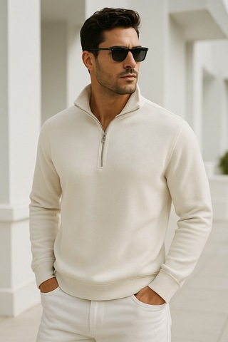 Rich Erkek Ekru Yarım Fermuarlı Sweatshirt Ekru