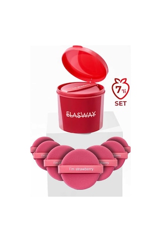 7 Li Yuvarlak Pudra Pufu Makyaj Süngeri Seti Islak/kuru Parmak Bantlı Kutulu Strawberry Pembe