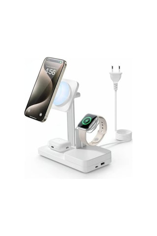 65w Magsafe 5 İn 1 Şarj Standı Halolock iPhone + AirPods + Apple Uyumlu Watch + Type-c + Usb-a - Beyaz
