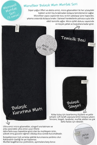 Siyah Microwell 3 Prç Set Microfiber Bulaşık Kurutma Matı 3'lü Mutfak Seti Kurulama Bezi Örtüsü