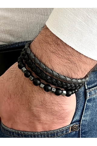 Siyah Renk %100 Deri&onix Taş 3lü Kombin Erkek Bileklik Set 21 Cm Türk El Üretimi Siyah