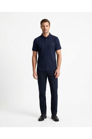 Özeniş Erkek Polo Yaka Slim Fit Çizgili Desen Kaşkorse T-shirt Lacivert