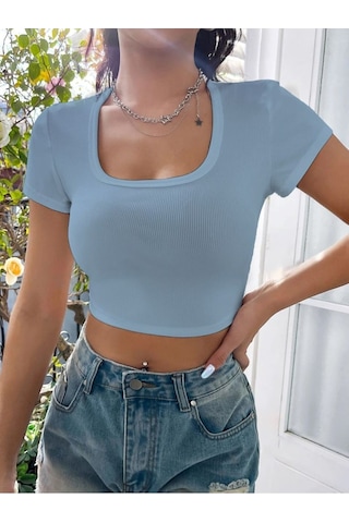Rooted-kadın Kare & Havuz Yaka Crop T-shirt ,likralı Fitilli Kaşkorse Kumaş Mavi